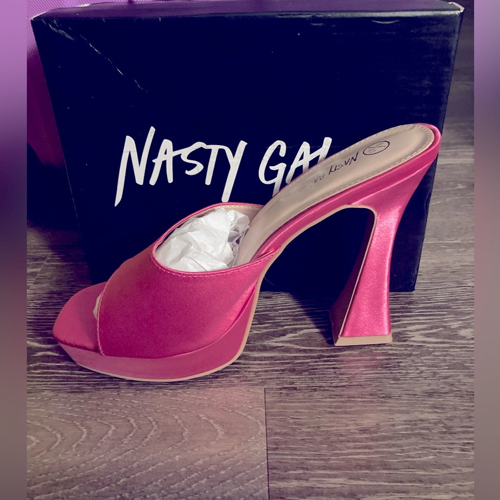 Nasty Gal Pink Satin High Heel Mules US size 10